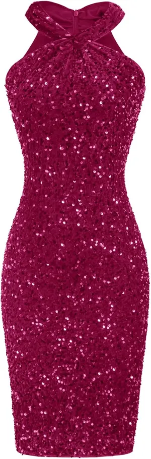 GRACE KARIN Sequin Dress for Women Sleeveless Sparkly Glitter Halter Dress Bodycon Mini Club Dresses 2025