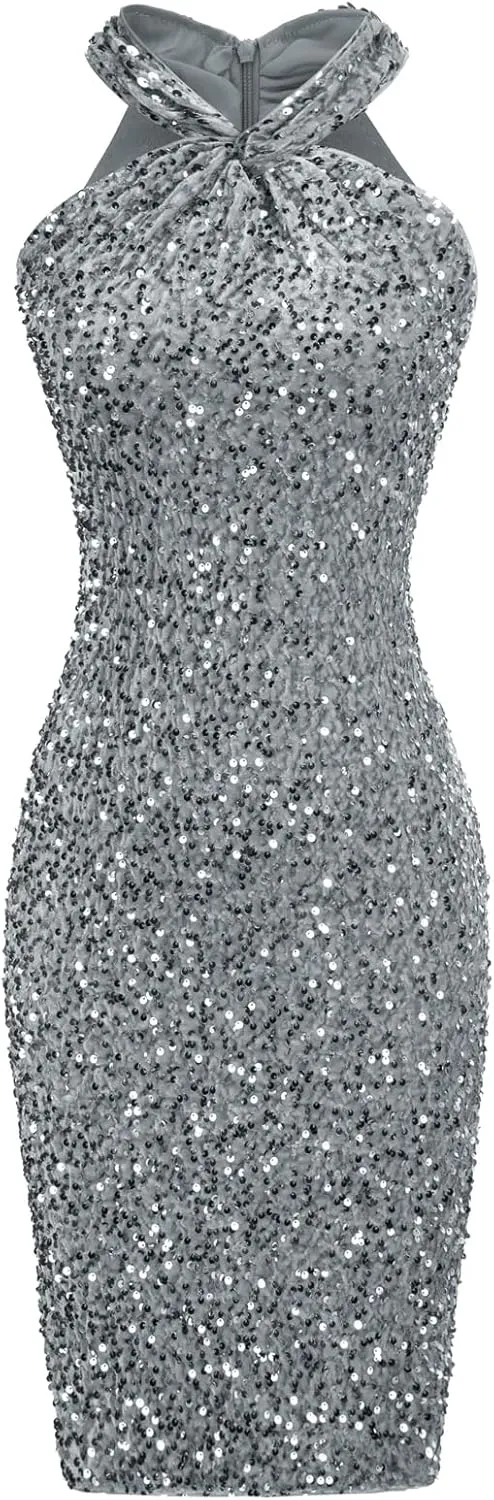 GRACE KARIN Sequin Dress for Women Sleeveless Sparkly Glitter Halter Dress Bodycon Mini Club Dresses 2025