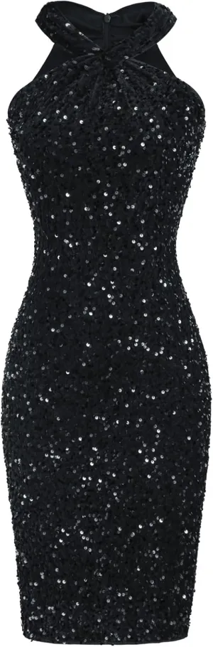 GRACE KARIN Sequin Dress for Women Sleeveless Sparkly Glitter Halter Dress Bodycon Mini Club Dresses 2025