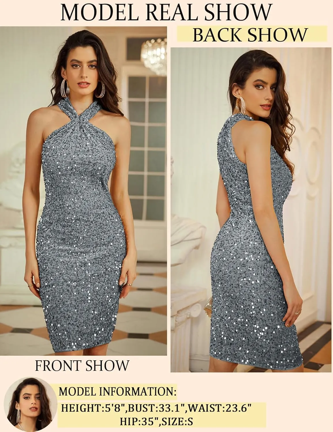 GRACE KARIN Sequin Dress for Women Sleeveless Sparkly Glitter Halter Dress Bodycon Mini Club Dresses 2025