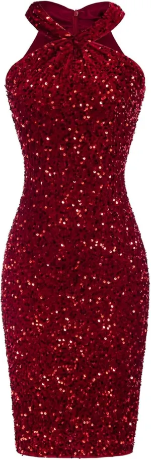 GRACE KARIN Sequin Dress for Women Sleeveless Sparkly Glitter Halter Dress Bodycon Mini Club Dresses 2025