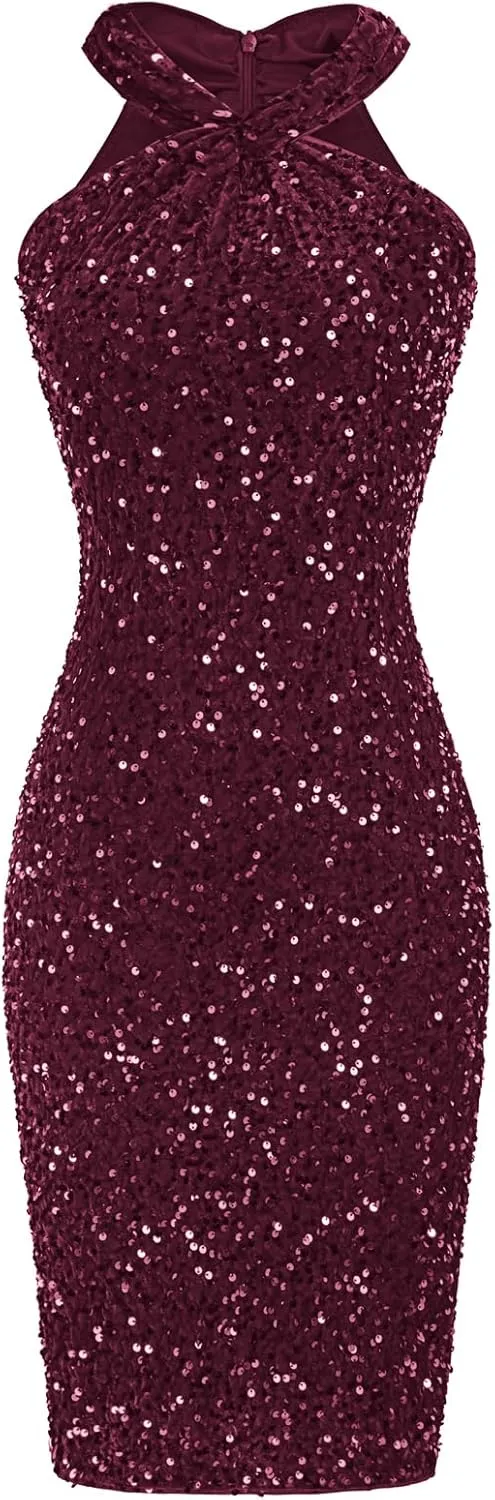 GRACE KARIN Sequin Dress for Women Sleeveless Sparkly Glitter Halter Dress Bodycon Mini Club Dresses 2025