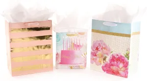 Hallmark Assorted Birthday Gift Bag Bundle with Tissue Paper (1 Medium and 2 Large Bags, Gold and Pink)