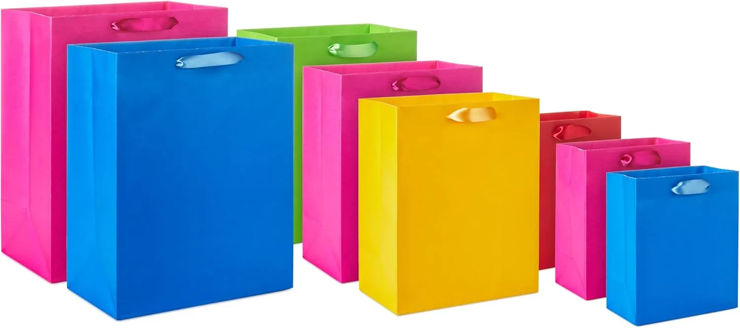 Hallmark Assorted Gift Bags (8 Bags: 3 Small 6", 3 Medium 9", 2 Large 13") Solid Pink, Blue, Green, Yellow, Red