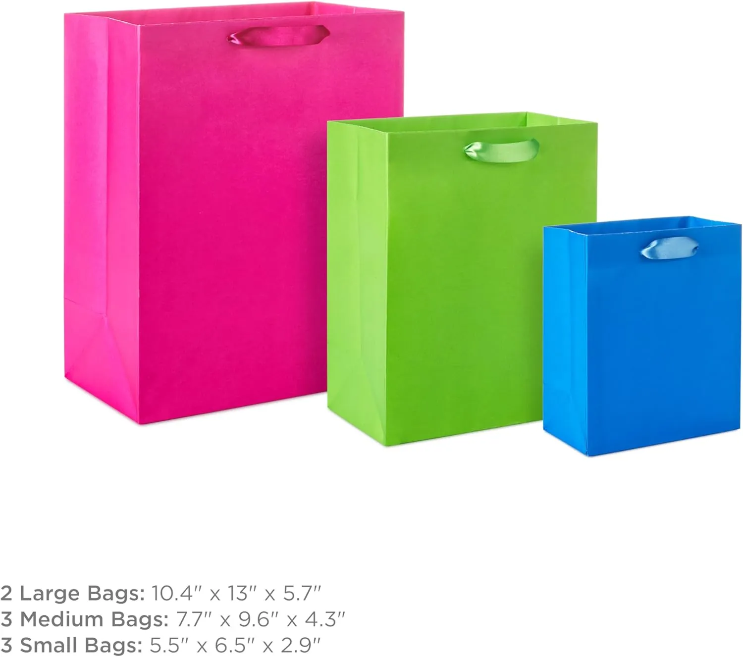 Hallmark Assorted Gift Bags (8 Bags: 3 Small 6", 3 Medium 9", 2 Large 13") Solid Pink, Blue, Green, Yellow, Red