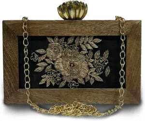 Handmade Crossbody Ethnic Wooden Clutch for Women – Unique Rose Embroidery, Latest Fashionable Purse for Any Outfit, Brown, M