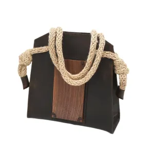 Handmade Leather and Wood Bag – Elegant Shoulder Bag for Women | Luxury Designer Purse with Cord Handles | Handcrafted Italian Leather Tote | Stylish Boho Crossbody Bag | Unique Wooden Handbag for Fashion Lovers
