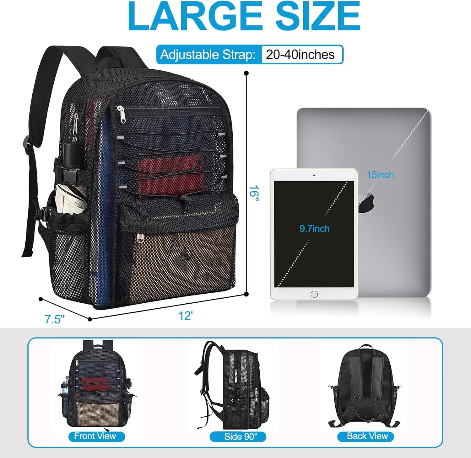 Heavy Duty Mesh Backpacks for School, Black Mesh Book Bags for Boys and Girls with Adjustable Straps for Fitness, Sports, Swimming (S)