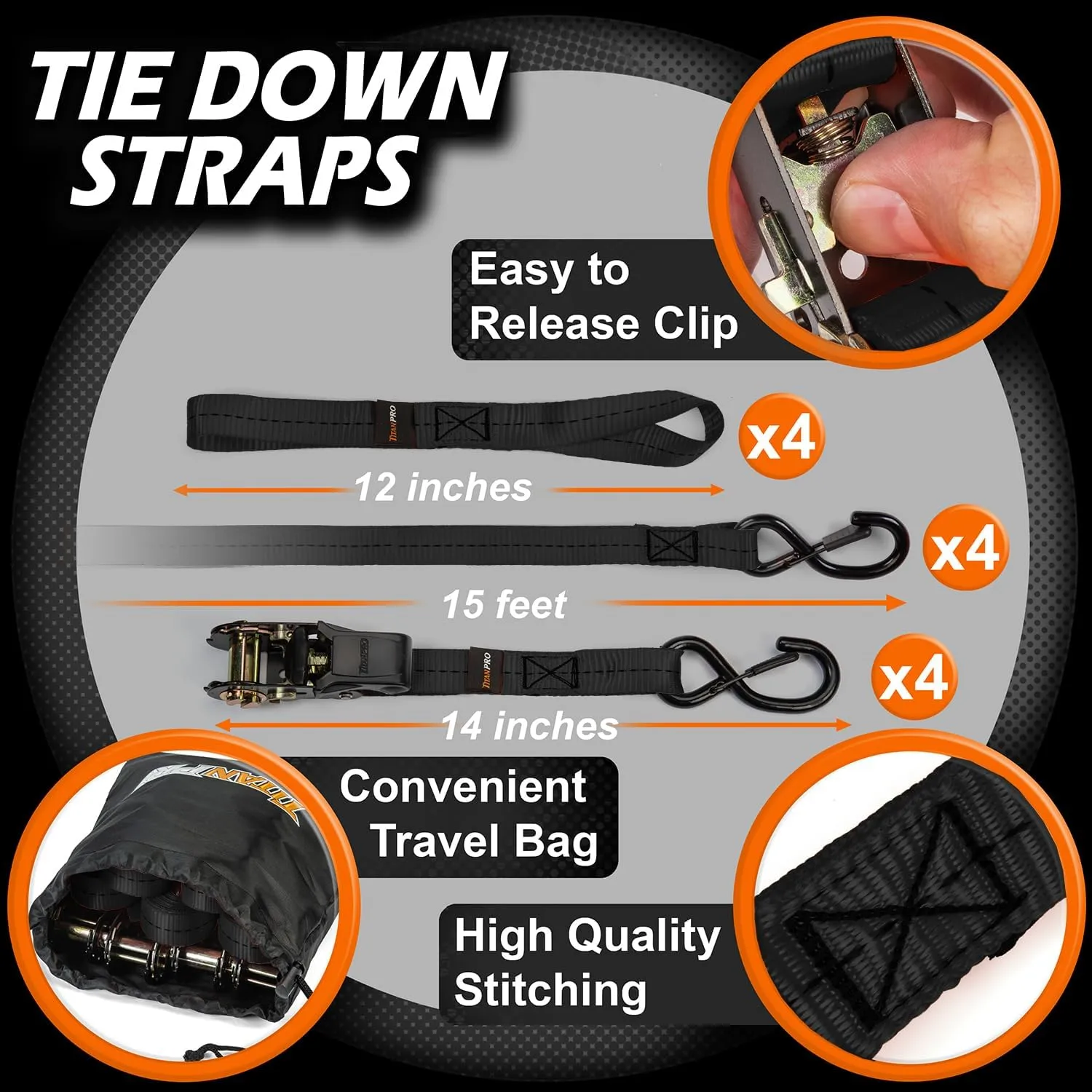 Heavy Duty Ratchet Straps 4-Pack - 2,200lb Break Strength, 1" x 15' Rachet Tie Downs with Padded Handles - Heavy Duty, Truck, Motorcycle, Moving Straps (Black)