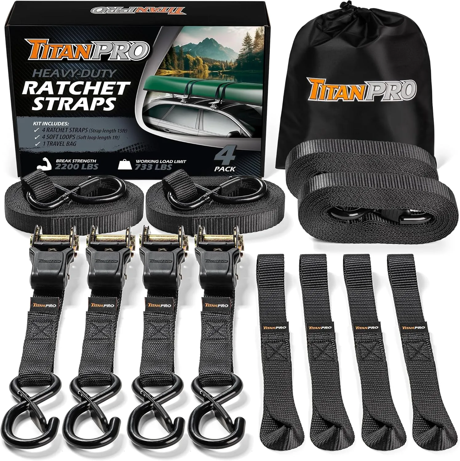 Heavy Duty Ratchet Straps 4-Pack - 2,200lb Break Strength, 1" x 15' Rachet Tie Downs with Padded Handles - Heavy Duty, Truck, Motorcycle, Moving Straps (Black)