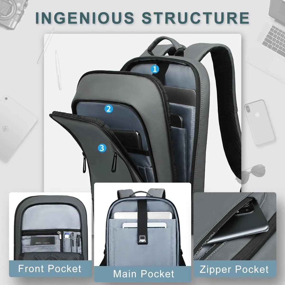 hk Backpack for Men Business Slim Backpack with USB Charger Computer Lightweight Anti-theft Travel (Dark Grey, 17.3 Inch)