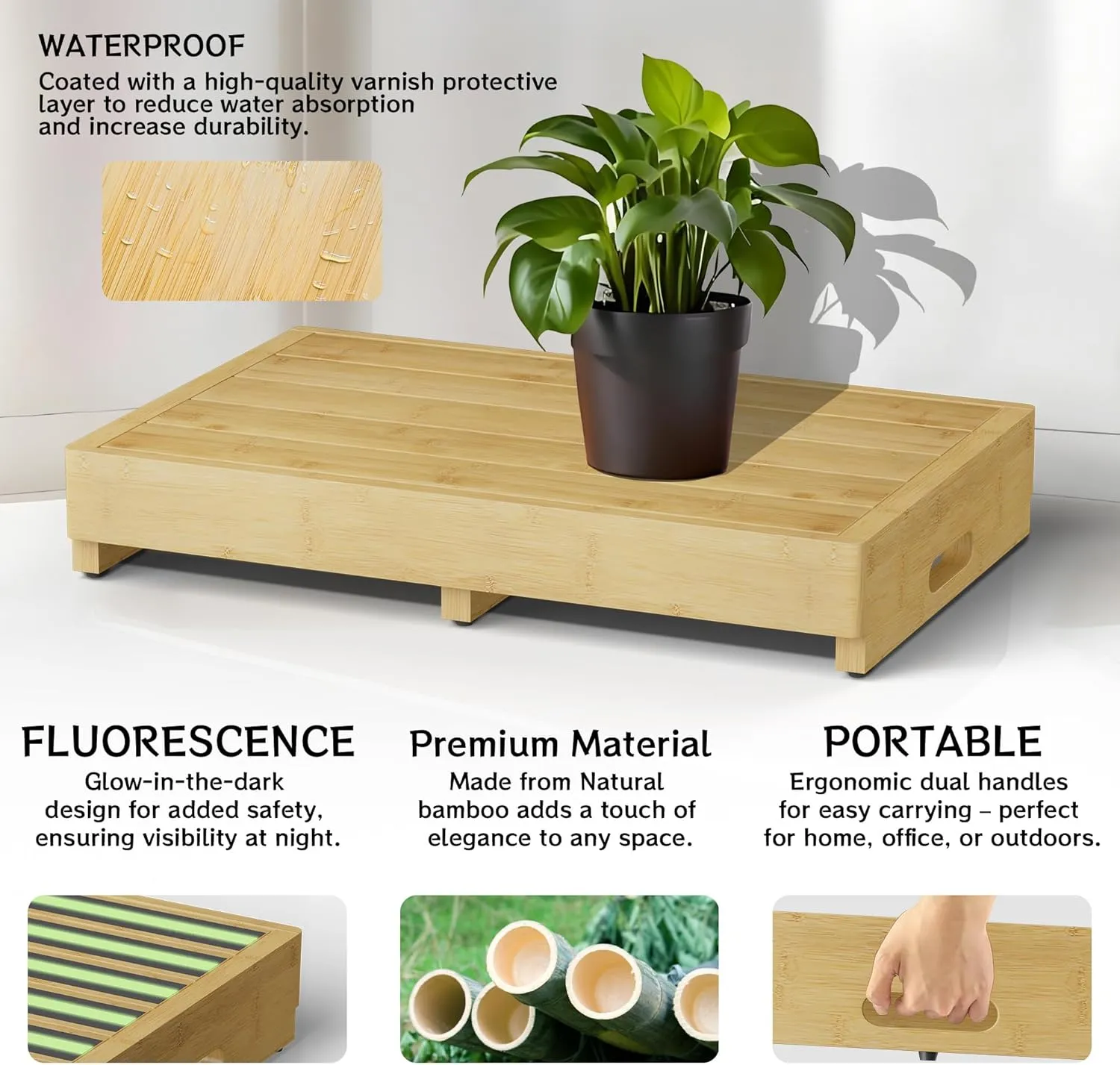 Homerays One Step Stool for Elderly,Bamboo High Riser Step Stool for Bed with Fluorescent Function No Assembly Required - 550 Lbs Wooden Mobility Stepping Stool for Bedside,Bathroom,Garden