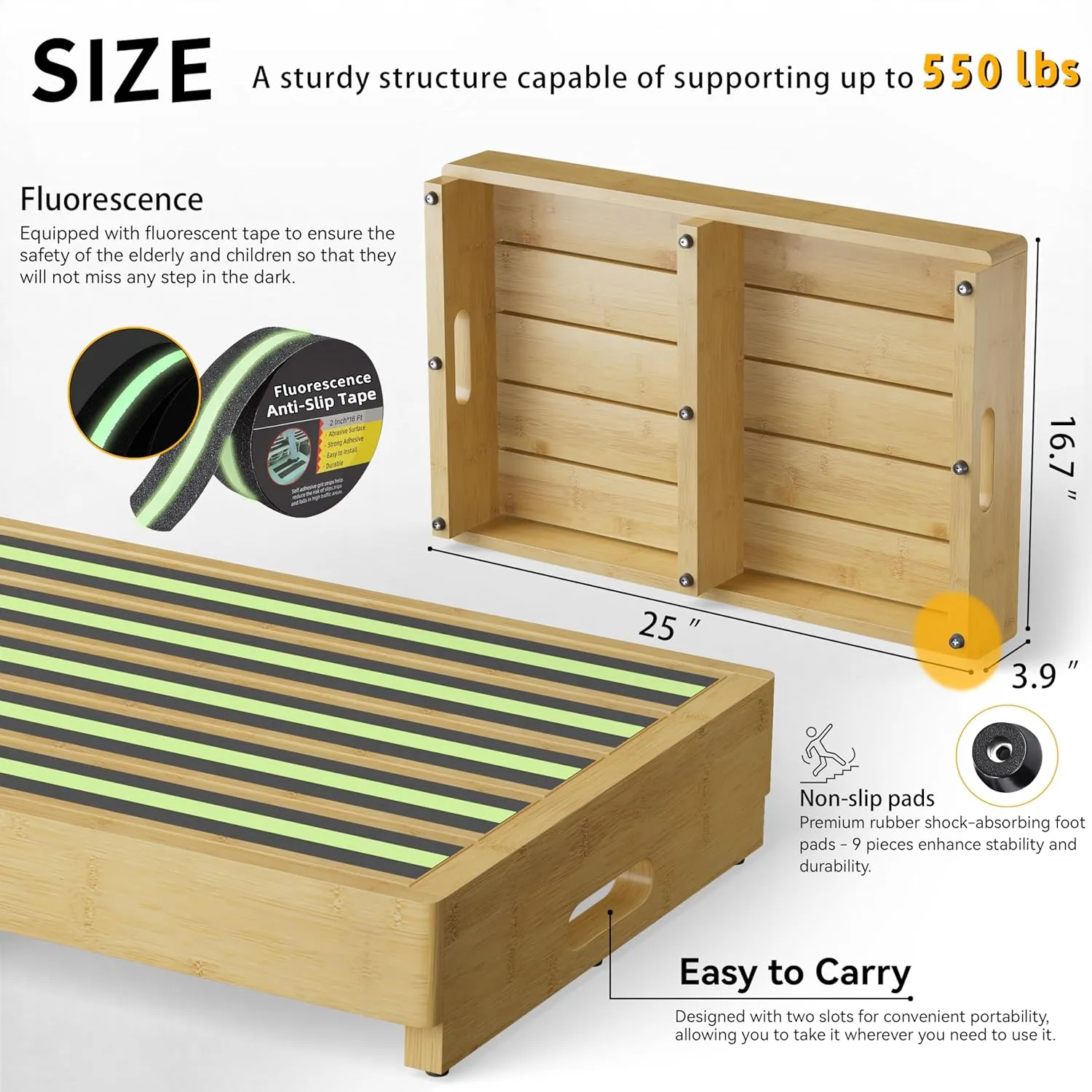 Homerays One Step Stool for Elderly,Bamboo High Riser Step Stool for Bed with Fluorescent Function No Assembly Required - 550 Lbs Wooden Mobility Stepping Stool for Bedside,Bathroom,Garden