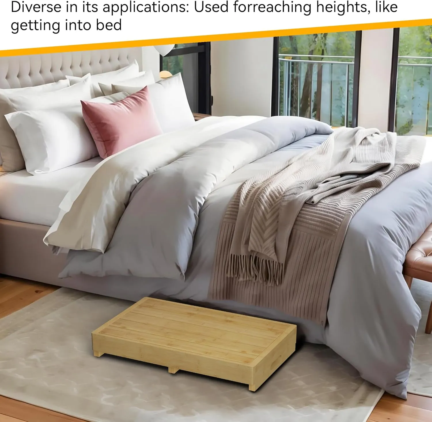 Homerays One Step Stool for Elderly,Bamboo High Riser Step Stool for Bed with Fluorescent Function No Assembly Required - 550 Lbs Wooden Mobility Stepping Stool for Bedside,Bathroom,Garden