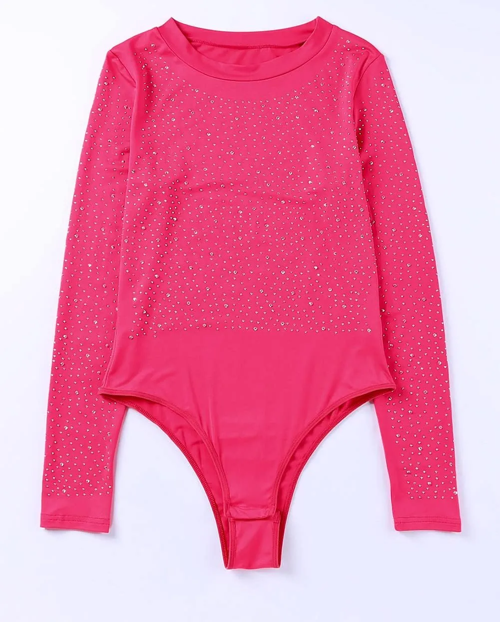 Hotmiss Seamless Long Sleeve Thong Bodysuit for Women Rhinestone Studded Fishnet Tops Thong Shirt