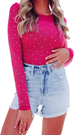 Hotmiss Seamless Long Sleeve Thong Bodysuit for Women Rhinestone Studded Fishnet Tops Thong Shirt