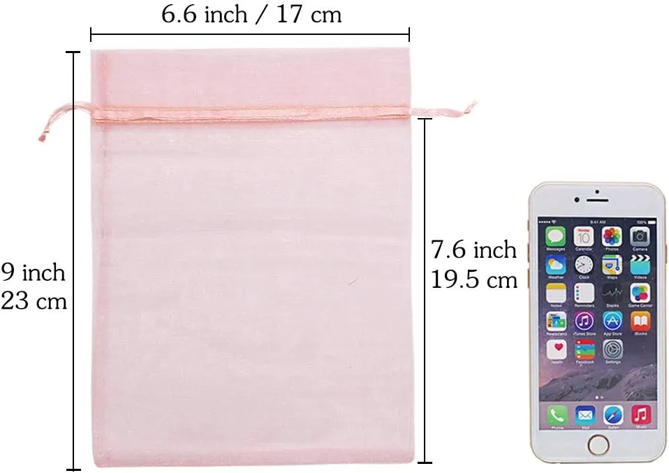 HRX Package 100pcs Blush Pink Organza Bags Large, 6 x 9 inch Drawstring Gift Pouches Mesh Party Favor Bags for Christmas Wedding Baby Shower