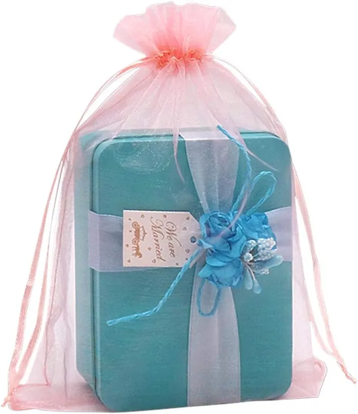 HRX Package 100pcs Blush Pink Organza Bags Large, 6 x 9 inch Drawstring Gift Pouches Mesh Party Favor Bags for Christmas Wedding Baby Shower