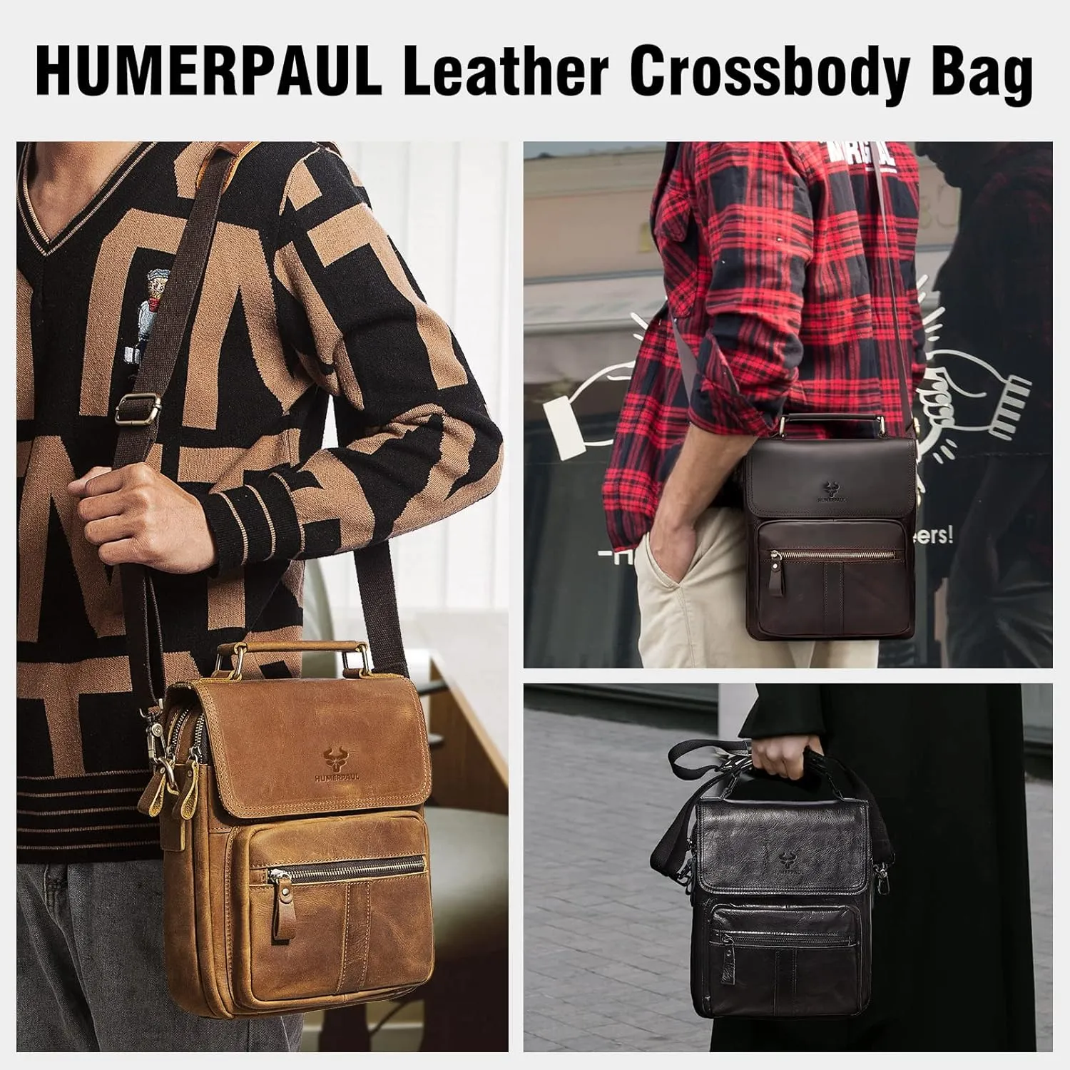 HUMERPAUL Leather Messenger Bag for Men, Shoulder Crossbody Bag with Adjustable Straps for Work Business