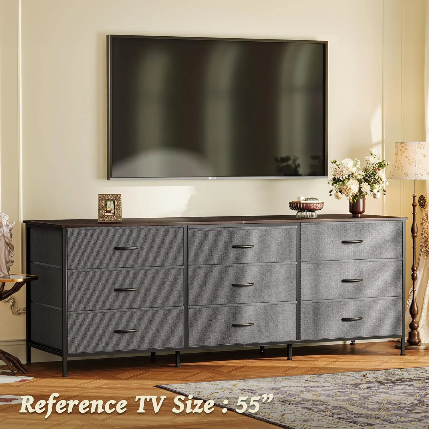 Huuger 63 Inch Dresser for Bedroom, Dresser for Closet with 9 Drawers, Large TV Stand for 55, 65, 70 Inch TV, Entertainment Center with Storage, Wide Long Chest of Drawers, Walnut and Dark Grey