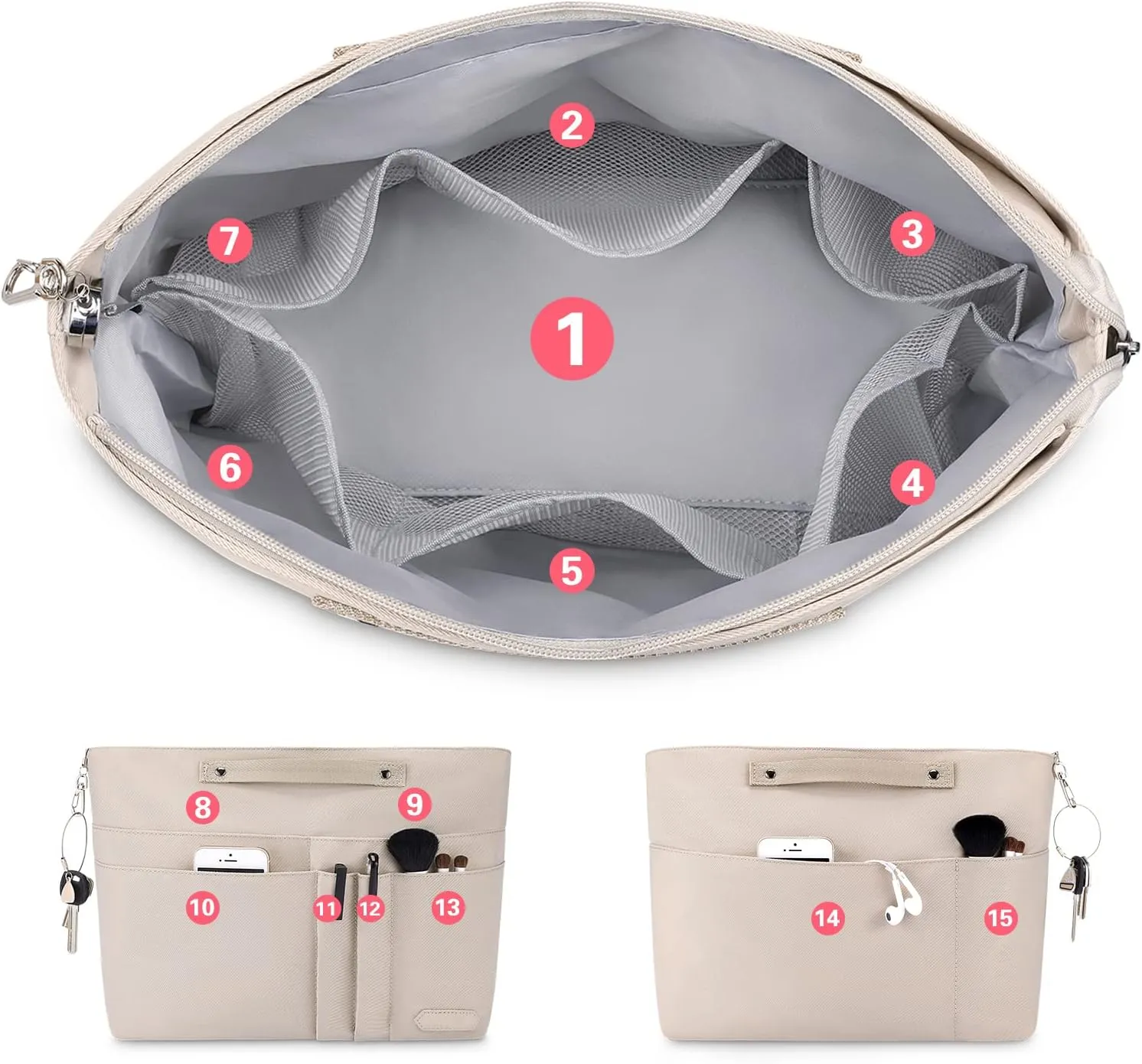 HyFanStr Purse Organizer Insert for Handbags,Tote Bag Organizer Insert Zipper Bag for Women, Handbag Organizer Inside Liner with 15 Pockets