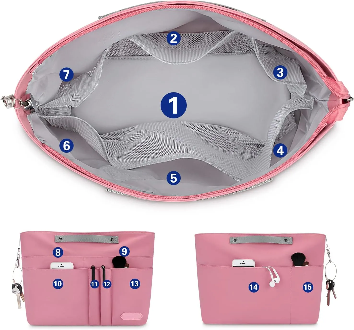 HyFanStr Purse Organizer Insert for Handbags,Tote Bag Organizer Insert Zipper Bag for Women, Handbag Organizer Inside Liner with 15 Pockets