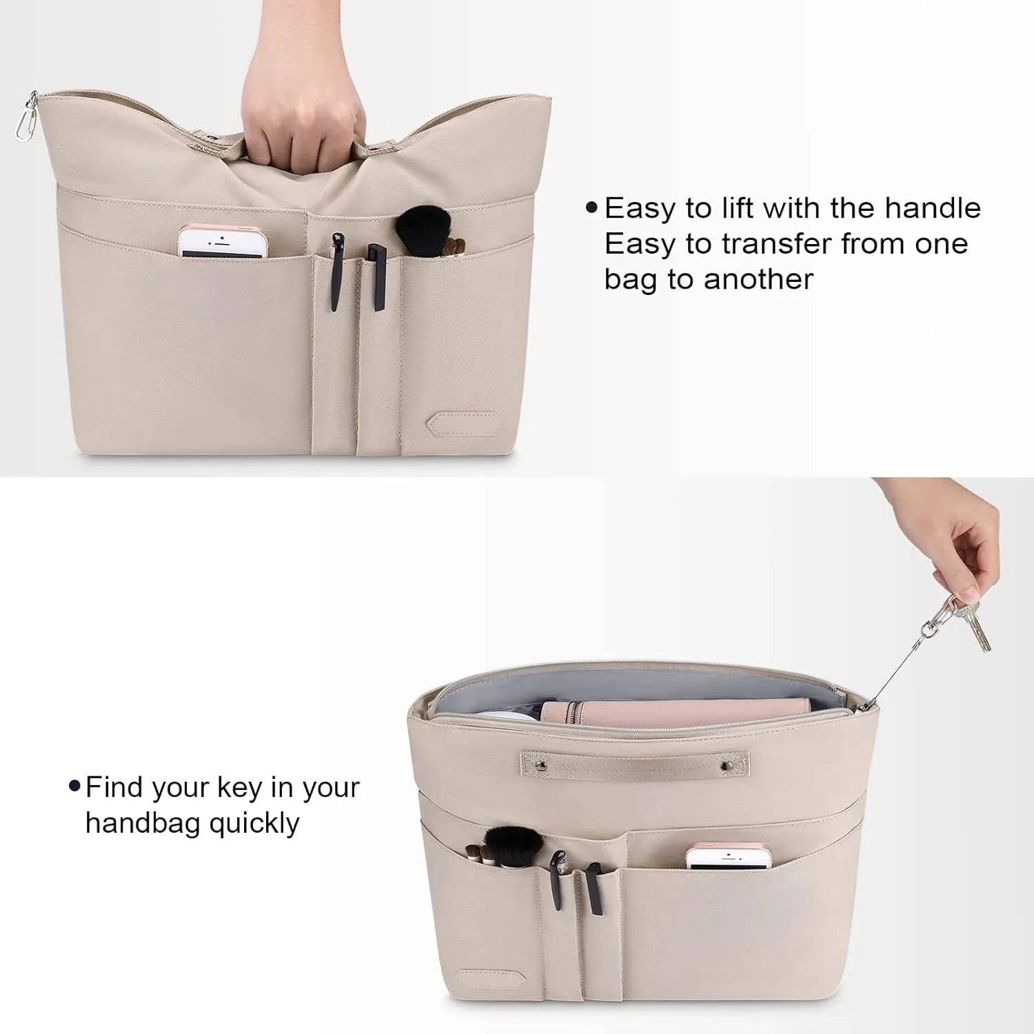 HyFanStr Purse Organizer Insert for Handbags,Tote Bag Organizer Insert Zipper Bag for Women, Handbag Organizer Inside Liner with 15 Pockets