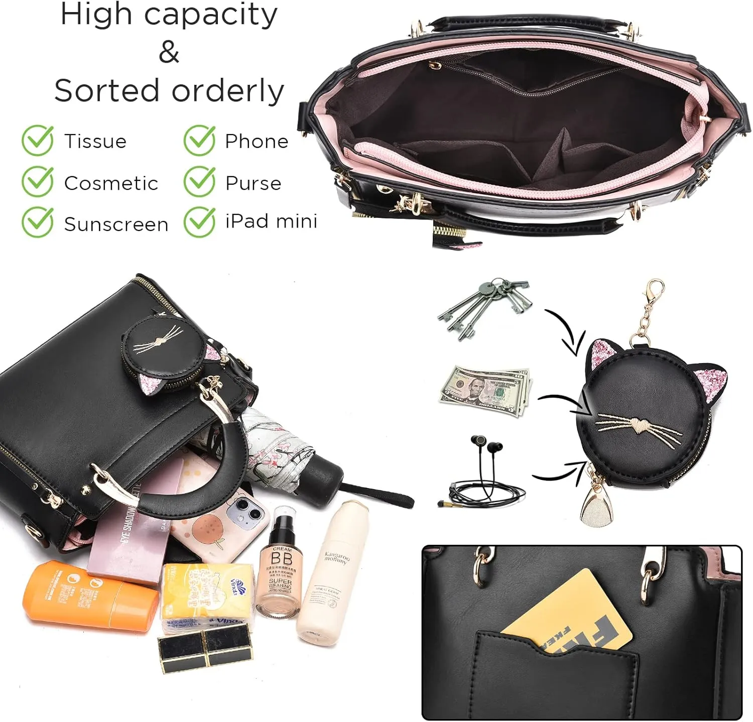I IHAYNER Fashion Purses and Handbags for Women Top Handle Bag Girls Small Crossbody Shoulder Bag for Ladies with Kitty Purse