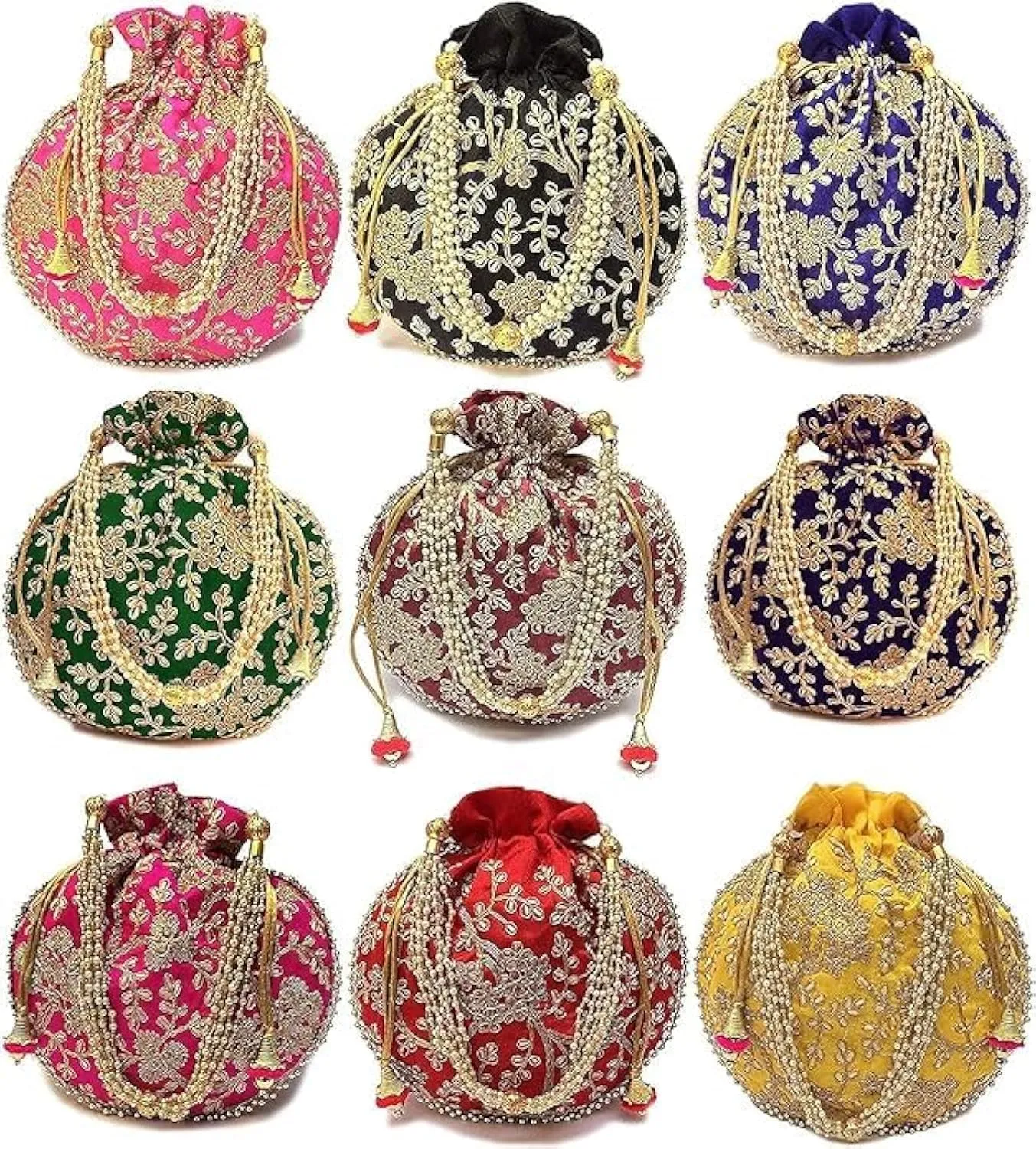 Indian Ethnic Potli Bag Ladies Handbag Batwa Pearls Handle Clutch Purse for Bridal, Women, Girls