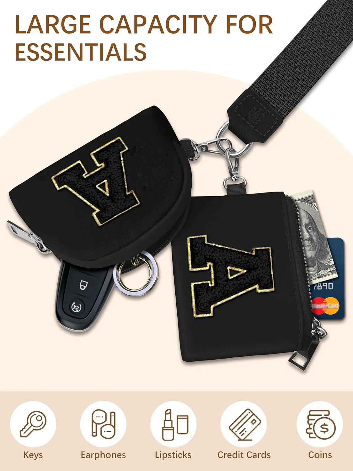 Initial Wristlet Wallet for Women,Small Dual Pouch Wristlet,Personalised Keychain Wallet,Mini Zip Around Coin Pouse