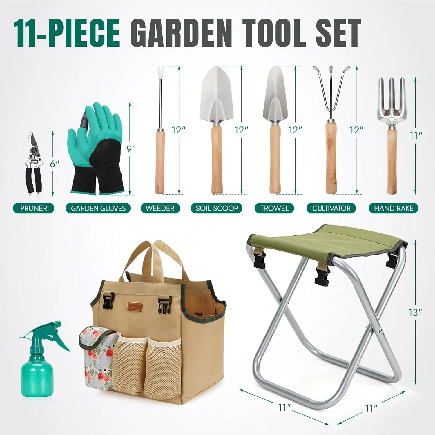 INNO STAGE 10 Piece Gardening Hand Tools Set with Garden Storage Tote Bag and Seat-Best Garden Tools Kit Organizer