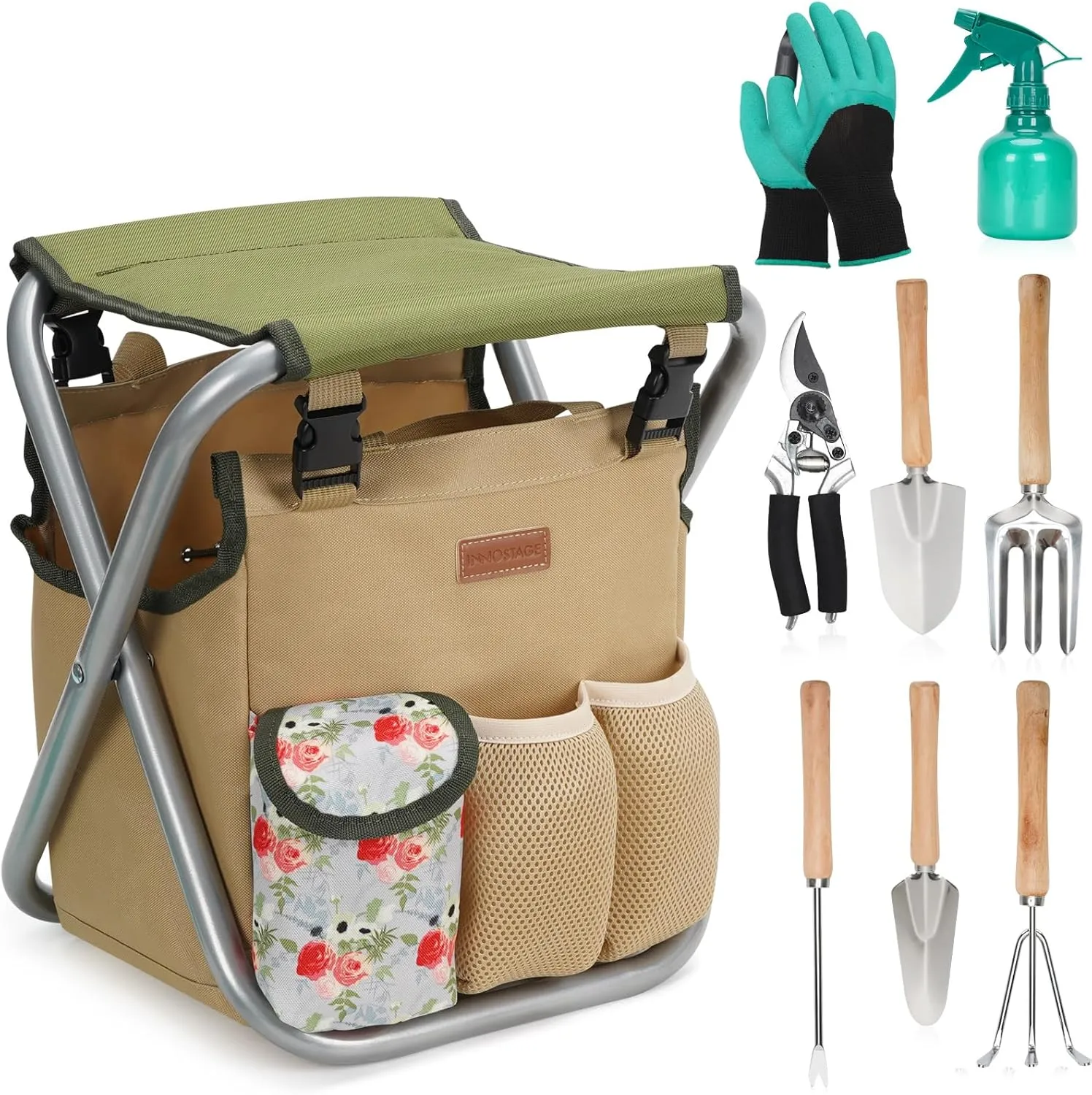 INNO STAGE 10 Piece Gardening Hand Tools Set with Garden Storage Tote Bag and Seat-Best Garden Tools Kit Organizer