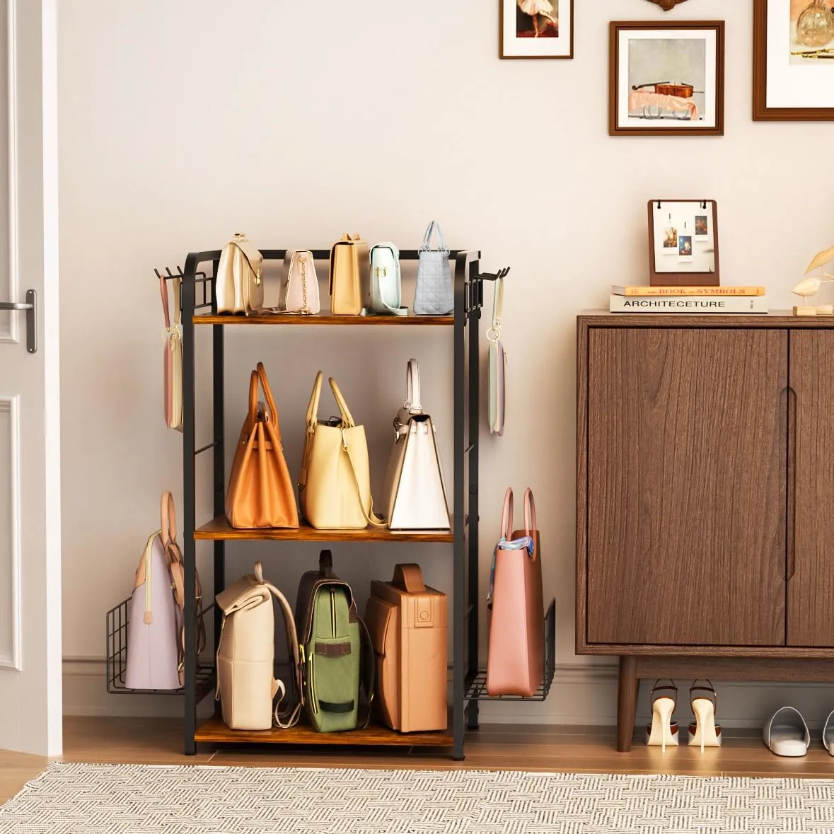 Iron & Wood Floor-Standing 3-Tier Purse Rack with Adjustable Feet, High-Capacity Bag Organizer for Closet, Patent Pending