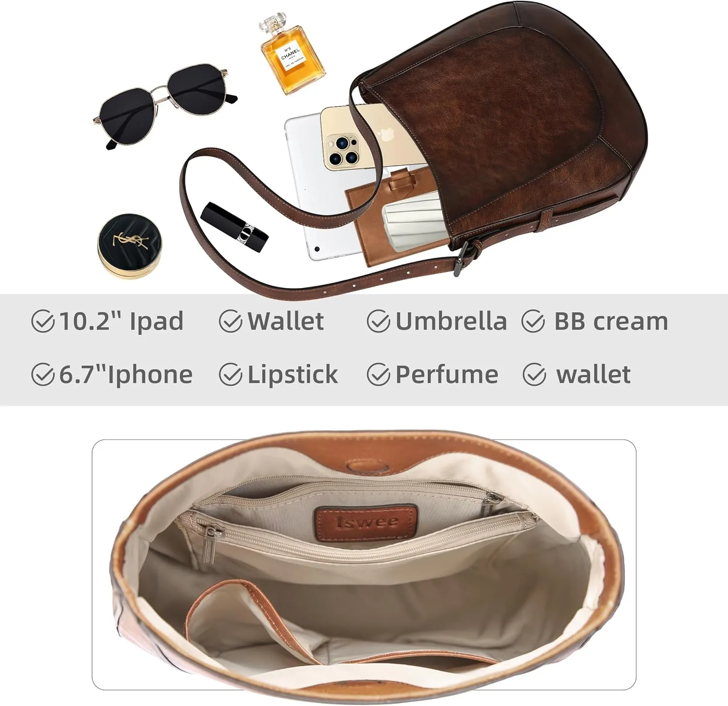 Iswee Leather Purses for Women Hobo Bags Designer Crossbody Bag Vintage Women’s Shoulder Handbags Work Purse