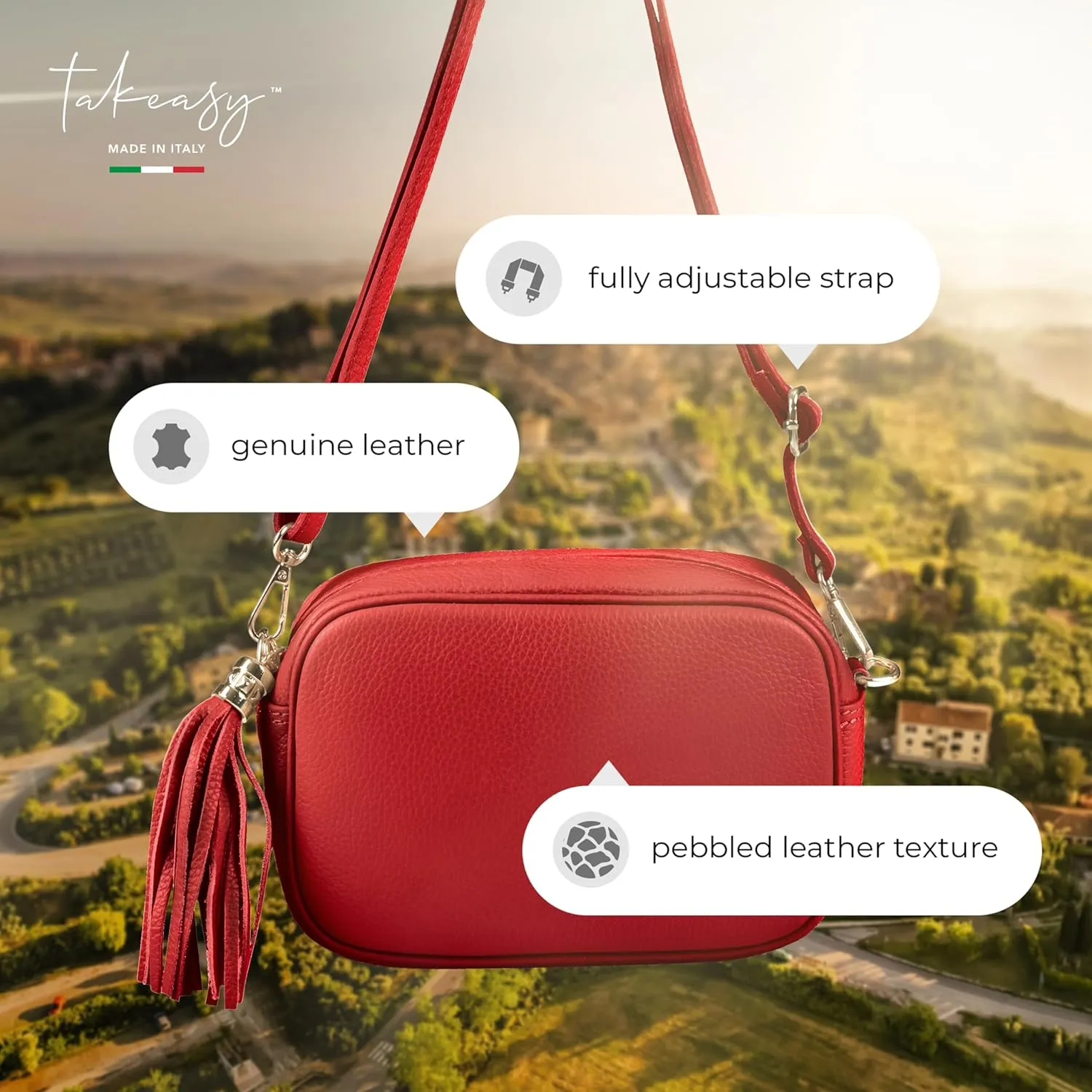 Italian Genuine Calf Leather Crossbody Bag for Women with Zip Strap Tassel | Small Camera Purse Shoulder Handbag Pocketbook