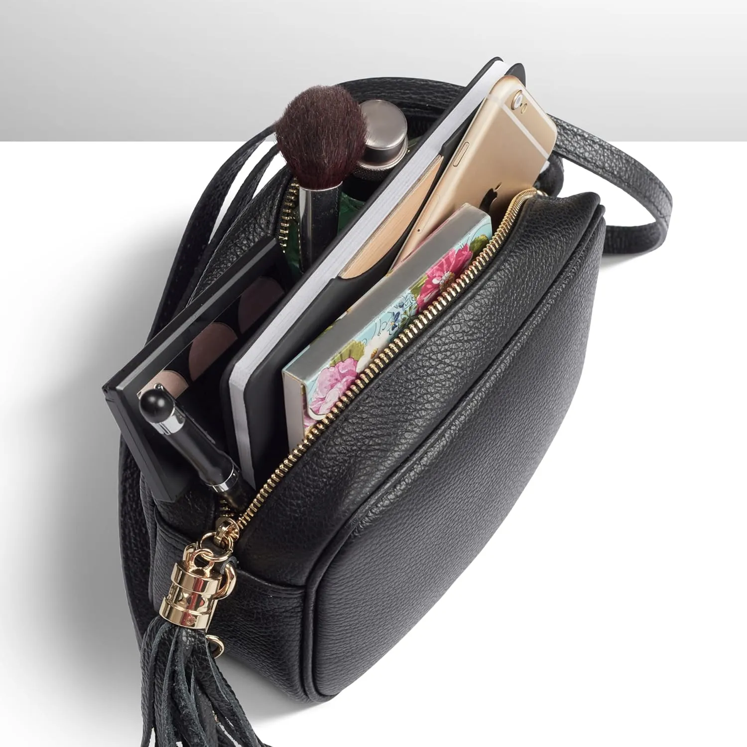 Italian Genuine Calf Leather Crossbody Bag for Women with Zip Strap Tassel | Small Camera Purse Shoulder Handbag Pocketbook
