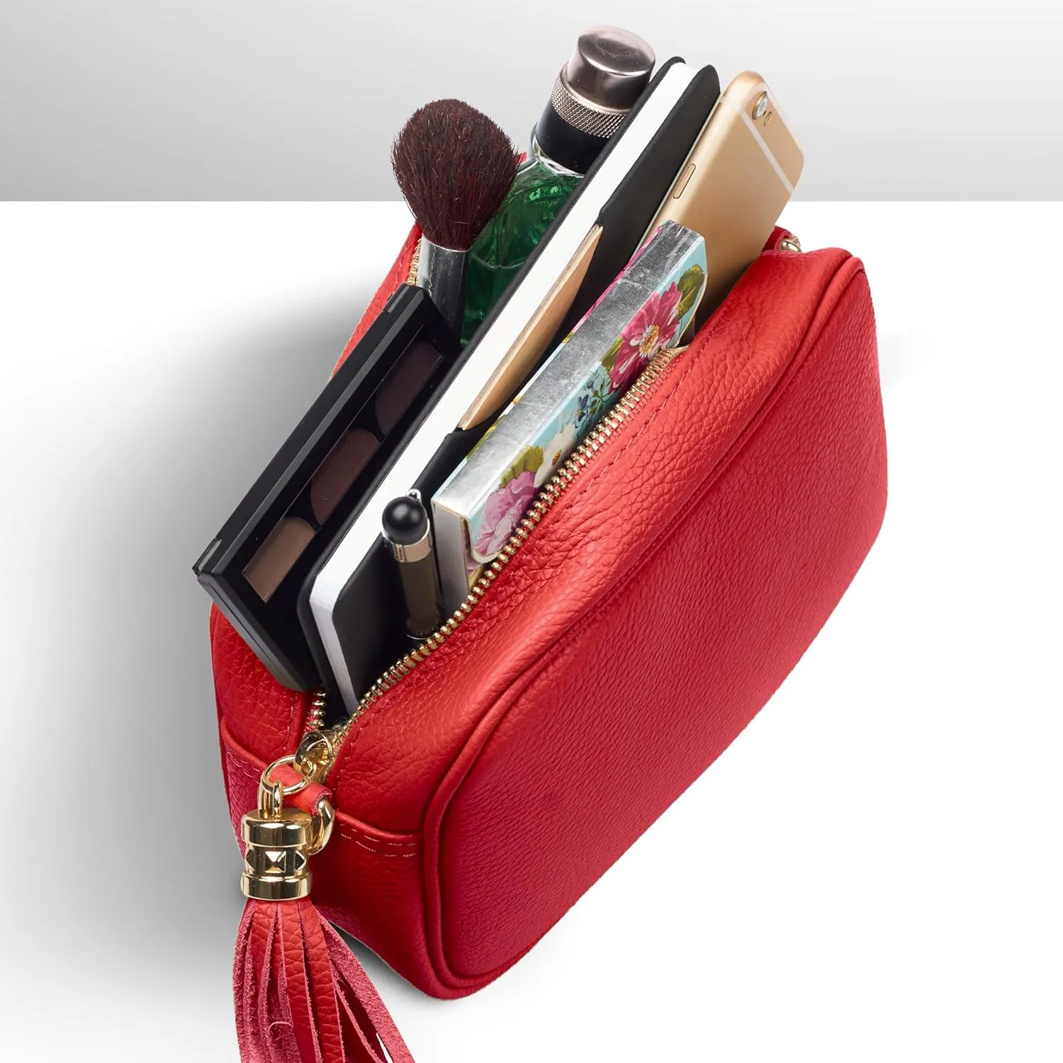 Italian Genuine Calf Leather Crossbody Bag for Women with Zip Strap Tassel | Small Camera Purse Shoulder Handbag Pocketbook