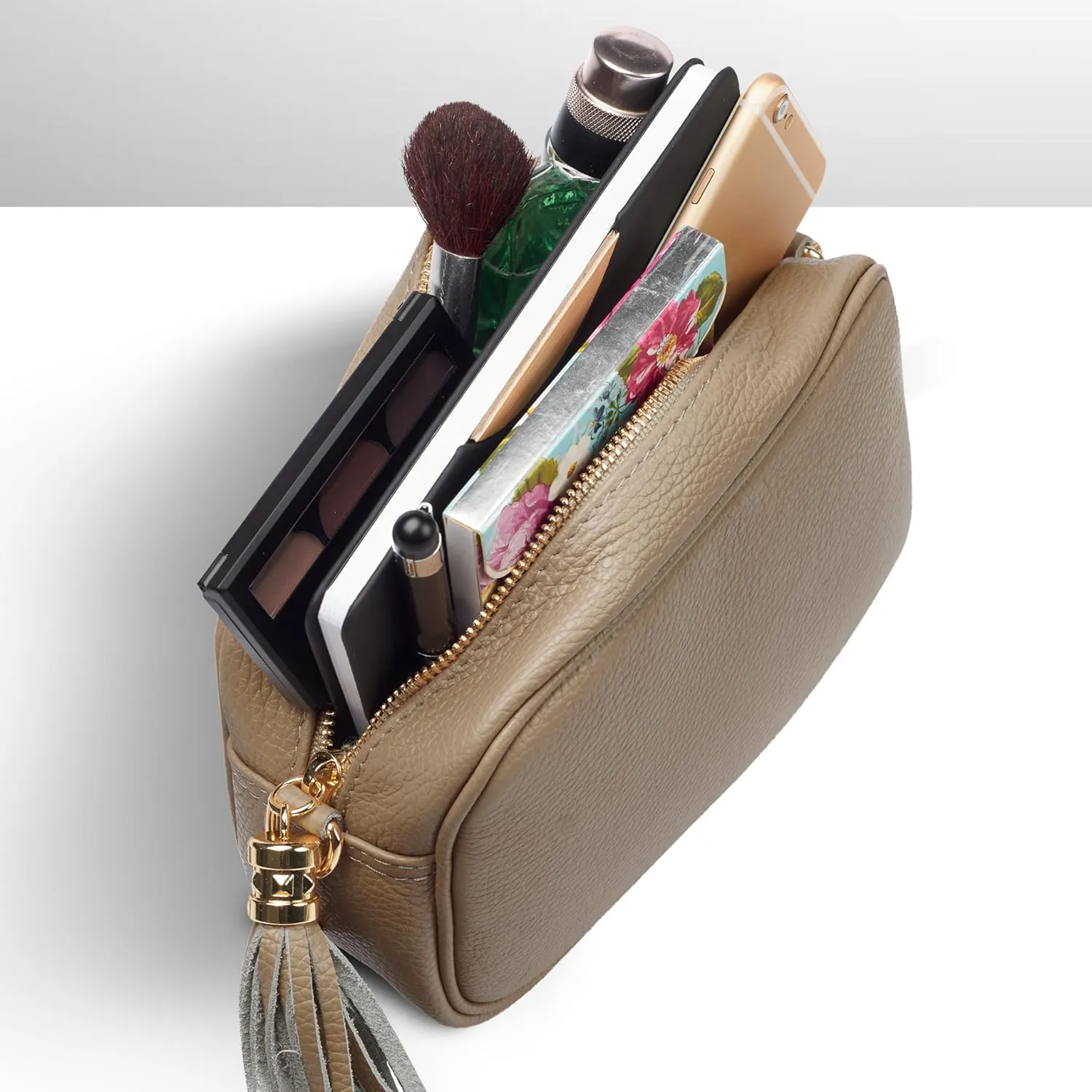 Italian Genuine Calf Leather Crossbody Bag for Women with Zip Strap Tassel | Small Camera Purse Shoulder Handbag Pocketbook