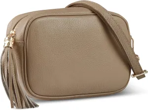 Italian Genuine Calf Leather Crossbody Bag for Women with Zip Strap Tassel | Small Camera Purse Shoulder Handbag Pocketbook