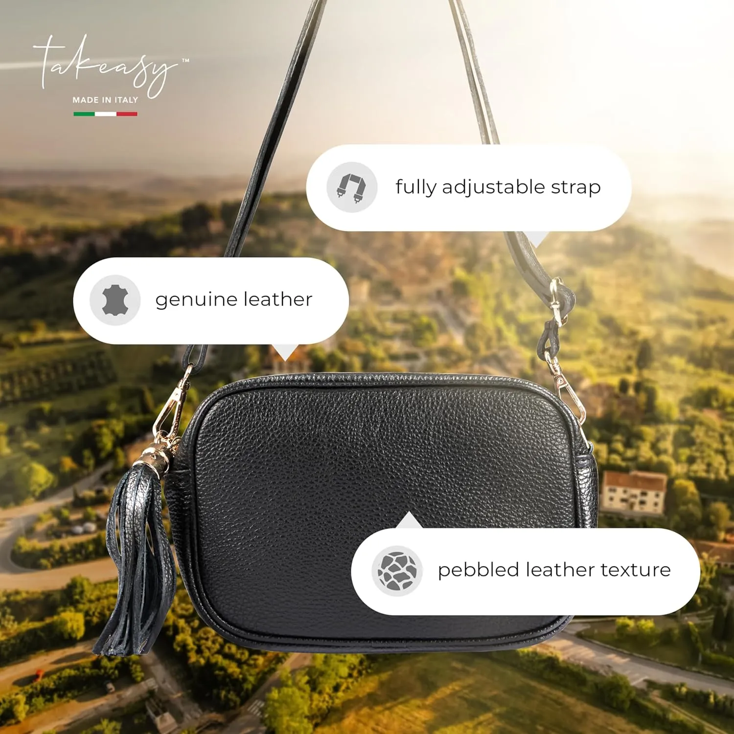 Italian Genuine Calf Leather Crossbody Bag for Women with Zip Strap Tassel | Small Camera Purse Shoulder Handbag Pocketbook