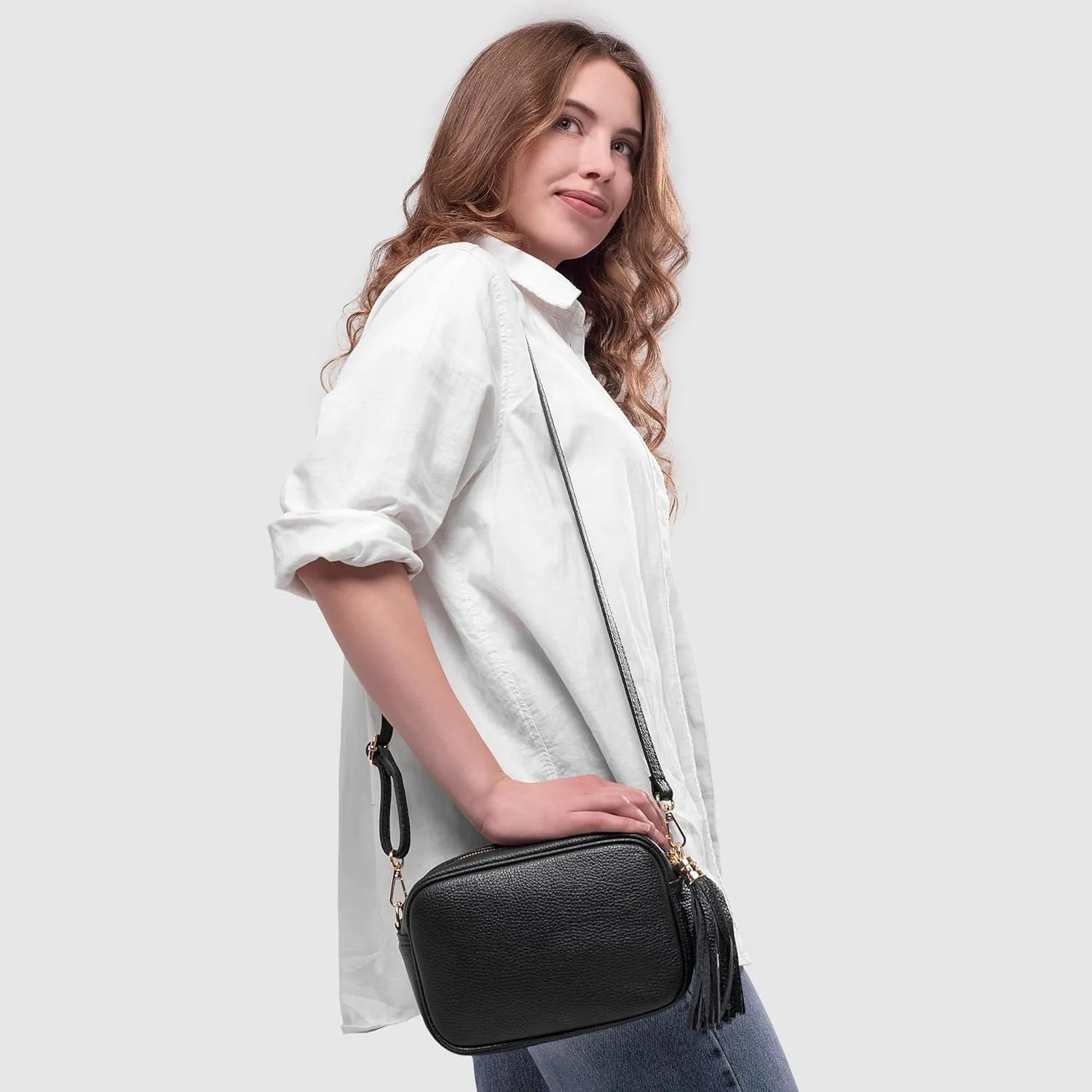 Italian Genuine Calf Leather Crossbody Bag for Women with Zip Strap Tassel | Small Camera Purse Shoulder Handbag Pocketbook