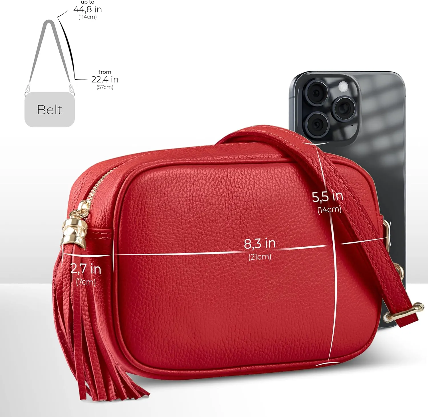 Italian Genuine Calf Leather Crossbody Bag for Women with Zip Strap Tassel | Small Camera Purse Shoulder Handbag Pocketbook