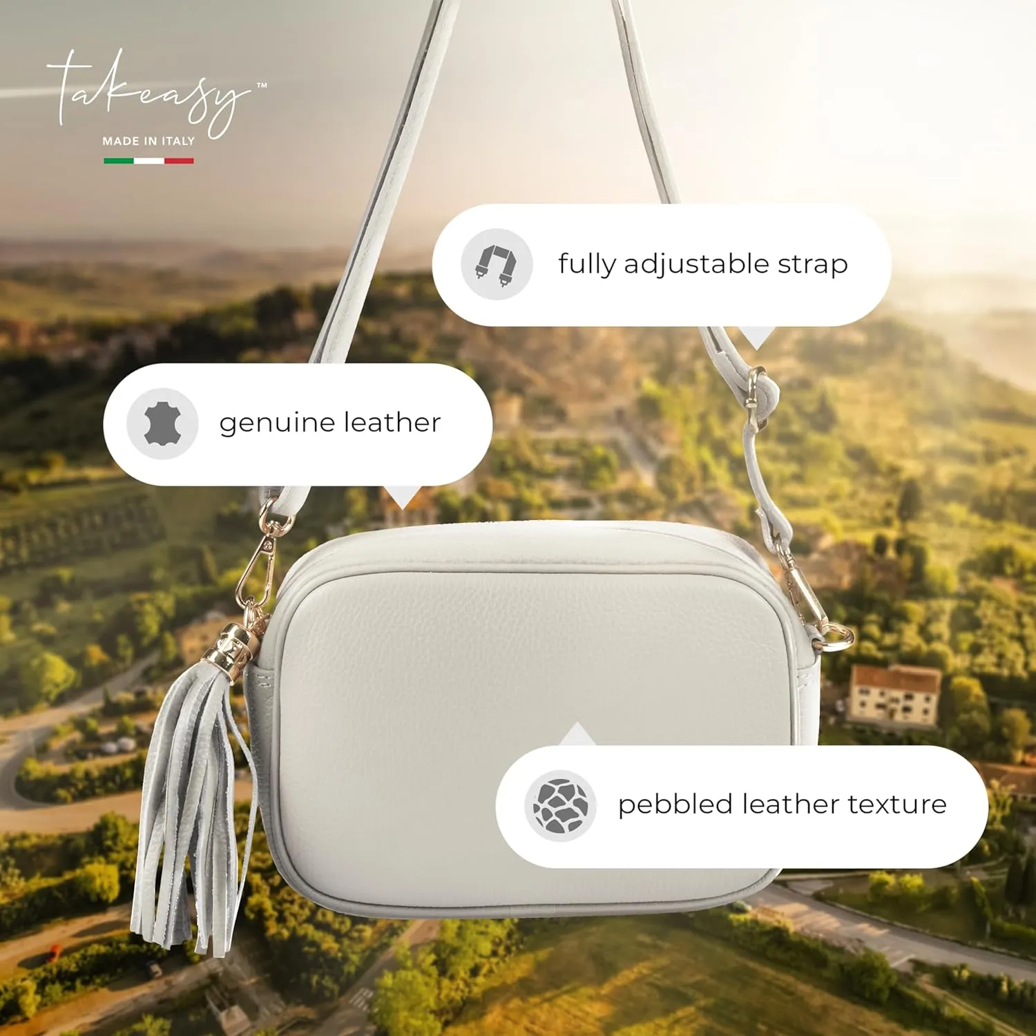 Italian Genuine Calf Leather Crossbody Bag for Women with Zip Strap Tassel | Small Camera Purse Shoulder Handbag Pocketbook
