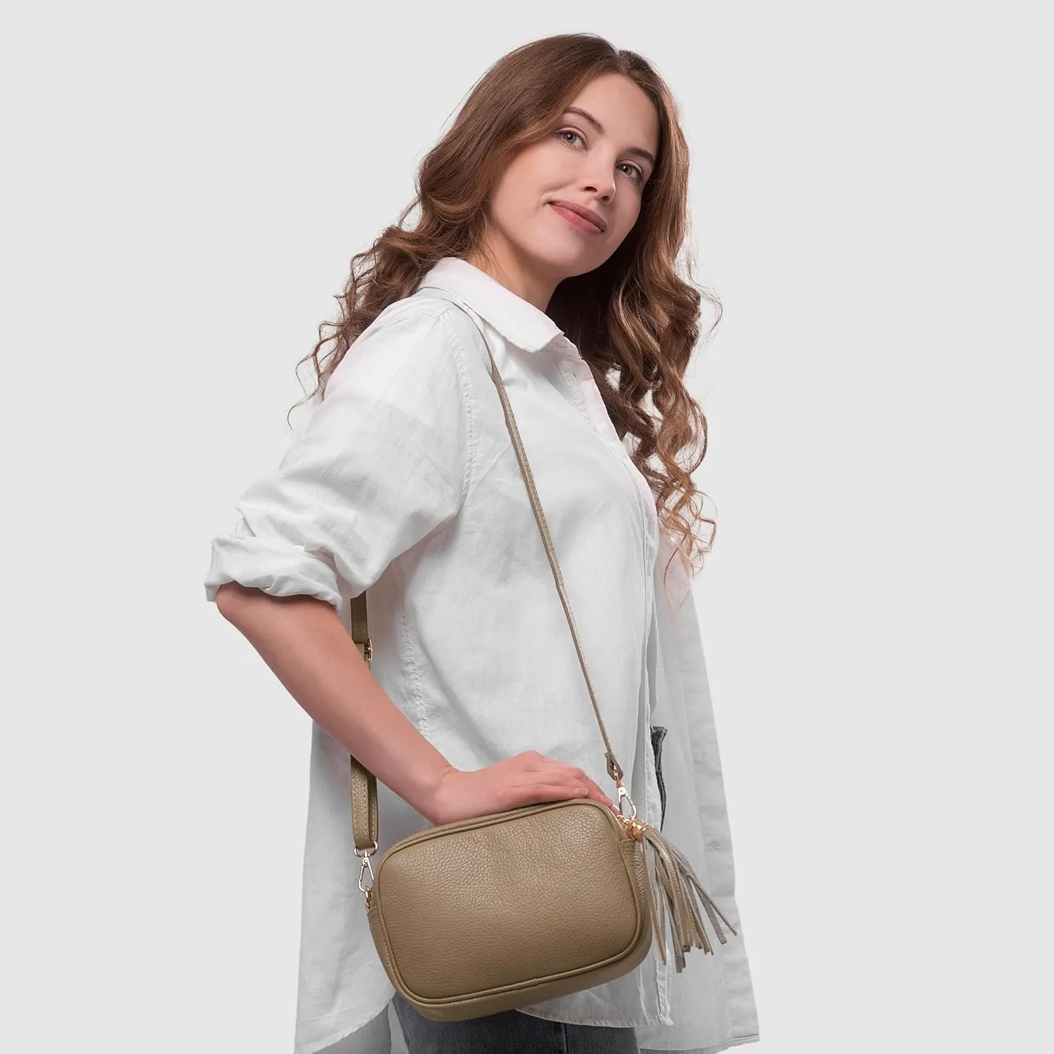 Italian Genuine Calf Leather Crossbody Bag for Women with Zip Strap Tassel | Small Camera Purse Shoulder Handbag Pocketbook