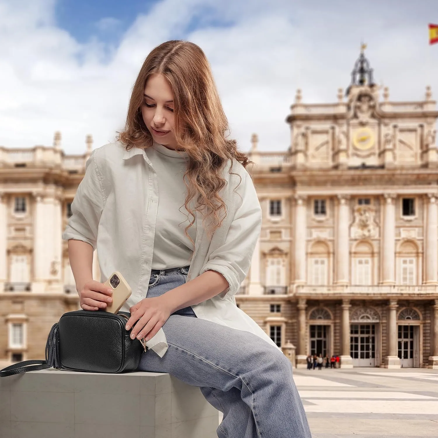 Italian Genuine Calf Leather Crossbody Bag for Women with Zip Strap Tassel | Small Camera Purse Shoulder Handbag Pocketbook