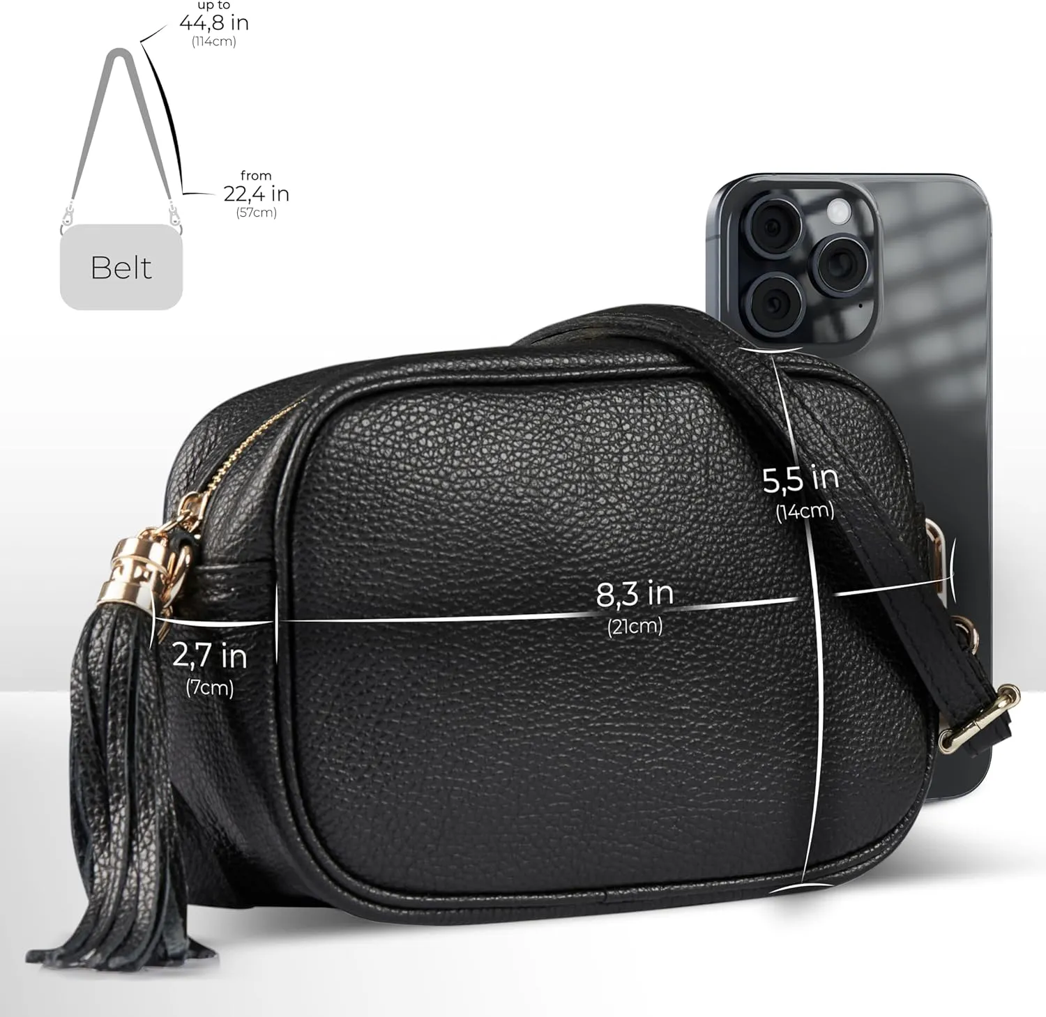 Italian Genuine Calf Leather Crossbody Bag for Women with Zip Strap Tassel | Small Camera Purse Shoulder Handbag Pocketbook
