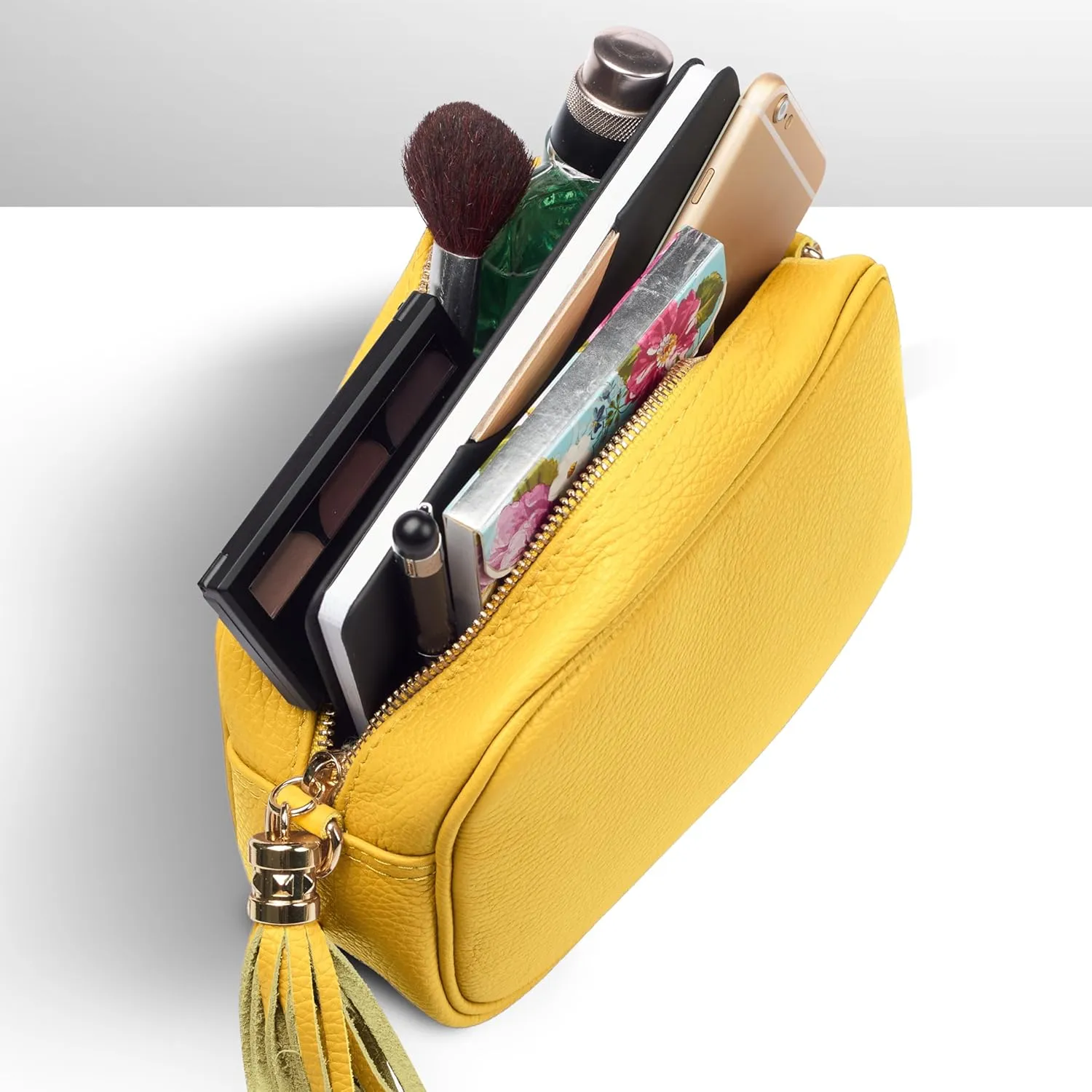 Italian Genuine Calf Leather Crossbody Bag for Women with Zip Strap Tassel | Small Camera Purse Shoulder Handbag Pocketbook