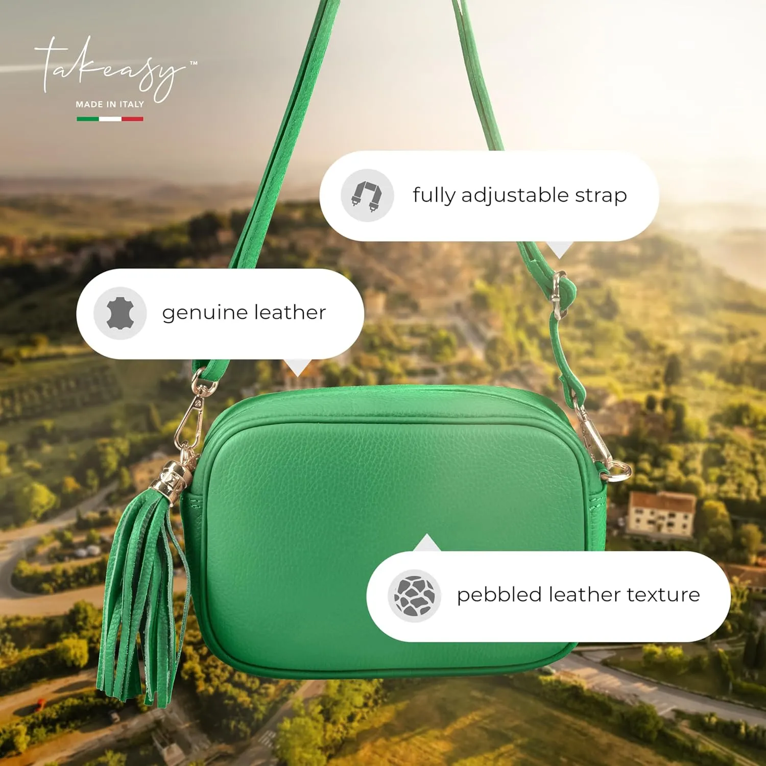 Italian Genuine Calf Leather Crossbody Bag for Women with Zip Strap Tassel | Small Camera Purse Shoulder Handbag Pocketbook