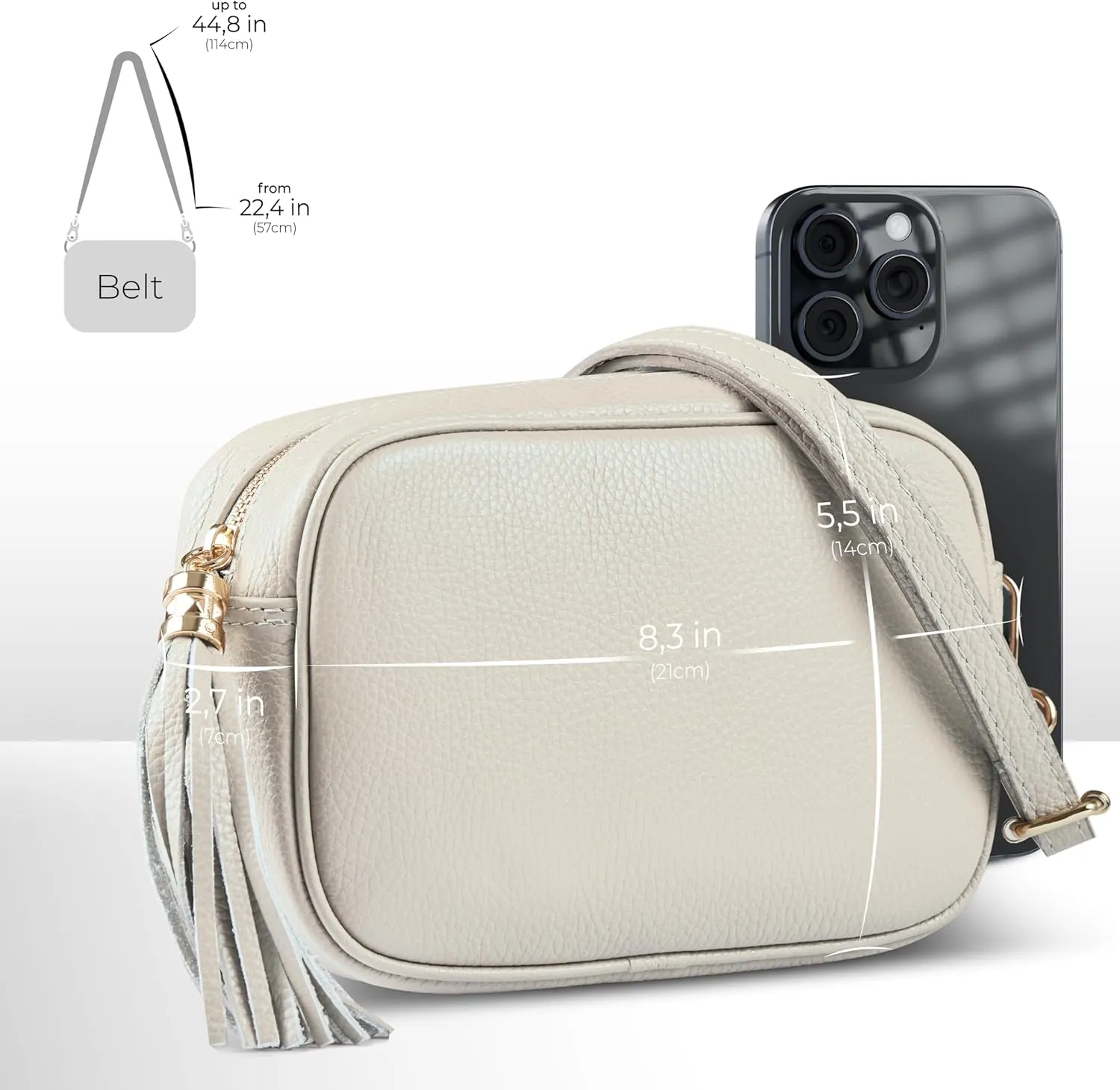 Italian Genuine Calf Leather Crossbody Bag for Women with Zip Strap Tassel | Small Camera Purse Shoulder Handbag Pocketbook