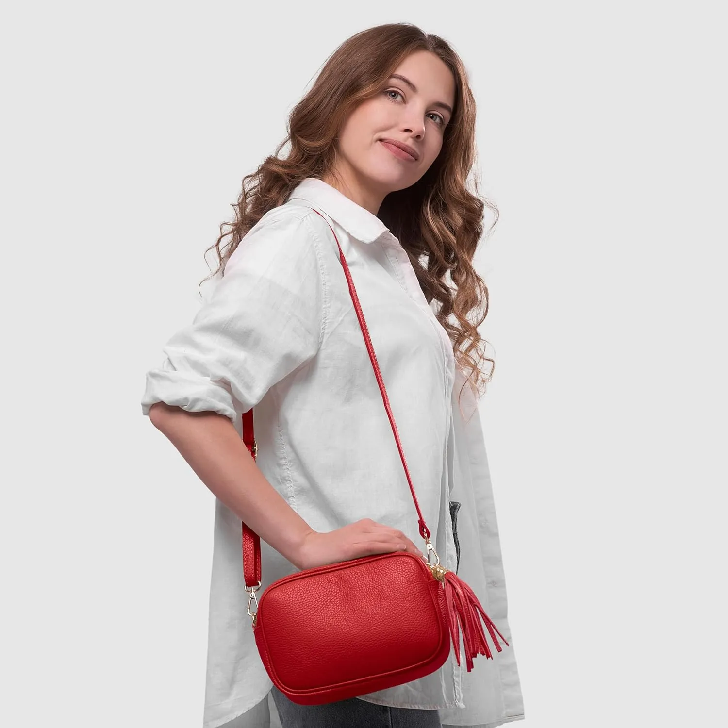 Italian Genuine Calf Leather Crossbody Bag for Women with Zip Strap Tassel | Small Camera Purse Shoulder Handbag Pocketbook